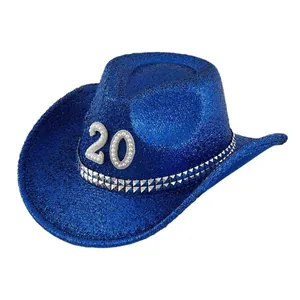 Stilvoller blauer Glitzer Y2K Cowboyhut mit Perlen-Nummer 20 und silbernen Nieten
