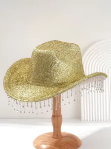 Funkelnder goldener Cowboyhut mit eleganten Strass-Fransen für Partys und Events.