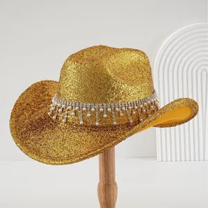 Luxurious gold sequin cowboy hat with pearl and rhinestone fringe for festive parties
