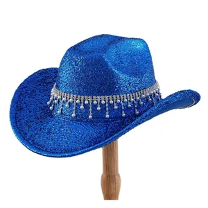 Royal blue glitter cowboy hat with elegant rhinestone and pearl fringe for bridal party