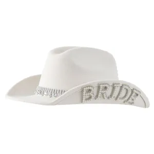 Cappello da cowboy bianco lusso per sposa con frange di strass e lettere di perle BRIDE
