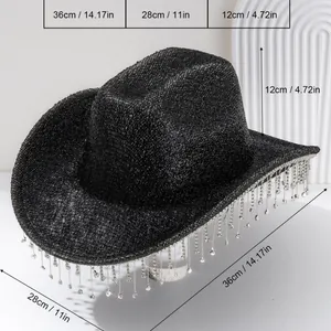 Black sequined western cowboy hat with silver rhinestone tassels and size markings info