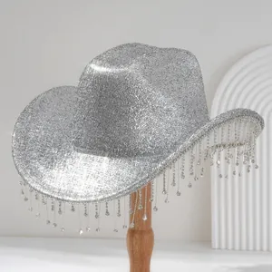 Silver sequin Western cowboy hat with sparkling crystal tassels for party and stage