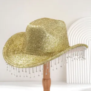 Glittering gold sequined western cowboy hat featuring elegant rhinestone tassel fringe
