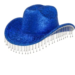 Blue sequin cowboy hat with sparkling rhinestone fringe for party stage costumes