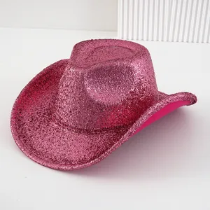 Sparkly hot pink glitter western cowboy hat for party stage costume and festivals