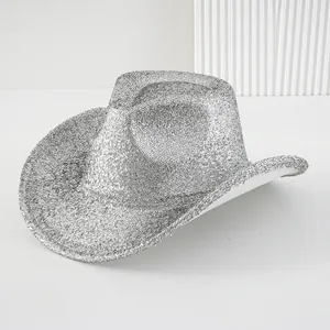 Shiny silver glitter western cowboy hat for festive party and stage performance outfits.