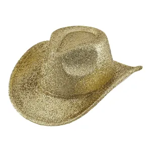 Unisex gold glitter Western cowboy hat with curved brim for party and stage performance.