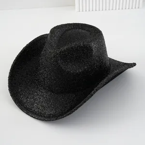 Premium black sparkly glitter western cowboy hat with curved brim for party fashion