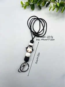 Detail view of cute penguin charm silicone beaded lanyard with dimension measurements