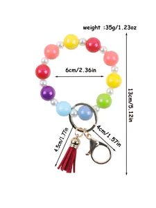 Detailed dimension diagram of colorful silicone beaded keychain bracelet with tassel