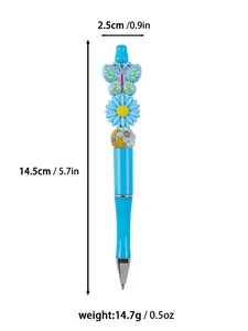 Blue beaded pen with butterfly and flower design, showing 14.5cm length dimensions.