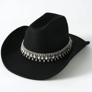 Cappello da Cowboy Western per Donna in Feltro di Poliestere Fedora Con Doppia Fila di Strass e Nappa di Cristallo