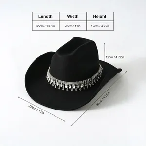 Cappello da cowboy in feltro nero con catena di strass a doppia fila e pendenti in cristallo