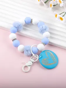 Detailansicht Silikonperlen Armband Schlüsselanhänger mit Mama-Herzanhänger blau