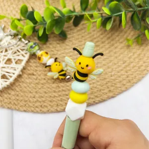 Adorable silicone honeybee beaded pen and matching keychain set for creative DIY crafts