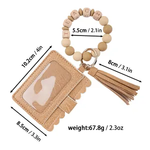 Detailed size and weight view of the PU leather ID holder with bead bracelet keychain