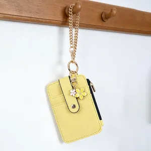 Detailaufnahme eines gelben Leder-Kartenetuis mit Goldkette und Blumenanhängern