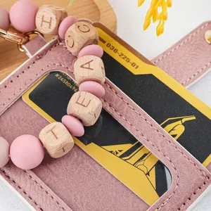 Pink PU leather ID card holder with TEACH letter bead wristlet keychain for Teacher's Day