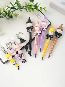 Set of colorful cartoon beaded ballpoint pens and matching keychains with cute characters