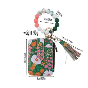 Detailansicht der Maße für das grüne Blumen-Lederetui mit Perlenarmband und Quaste