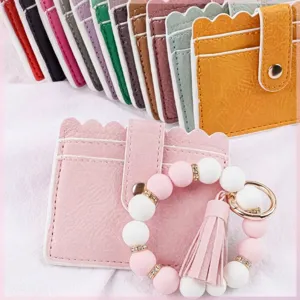 Silicone Beaded Wristlet Keychain With PU Leather Card Holder Wallet Tassel Wave Edge Bracelet Key Ring For Women Gift