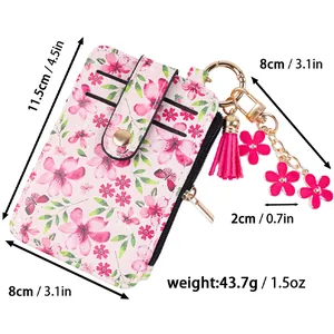 Porte-cartes en Cuir PU Imprimé Floral pour Femmes Portefeuille Porte-clés avec Gland Breloques Fleur Multicouche Porte-monnaie Zippé