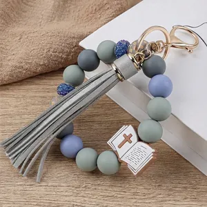 Silikonperlen Armband Schlüsselanhänger Mit PU Leder Quaste Bibel Anhänger Kreuz Charme Tasche Ornament Damen Religiöses Geschenk