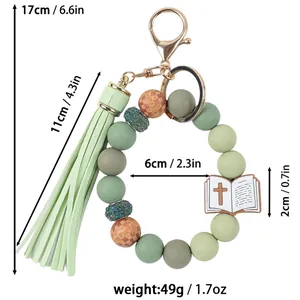 Grüner Silikonperlen Armband Schlüsselanhänger mit PU Leder Troddel und Bibel