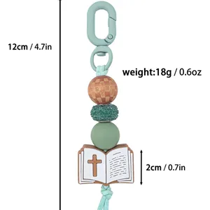 Mintgrüner Silikon-Perlen-Schlüsselanhänger mit Kreuz-Buch-Anhänger und Maßen