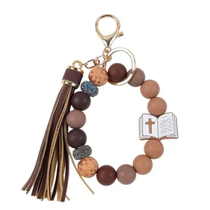 Silikonperlen-Armband-Schlüsselanhänger mit Lederquaste und religiösem Bibel-Anhänger