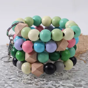 Colorful wooden bead bracelet keychain with geometric wood blocks for bag charms