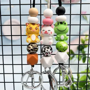 Silicone beaded keychain lanyard with cartoon tiger cat and frog beads for ID badges