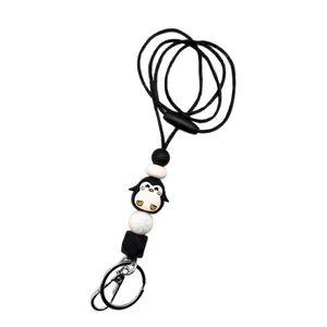 Cute penguin silicone beaded lanyard necklace for ID badges and keys