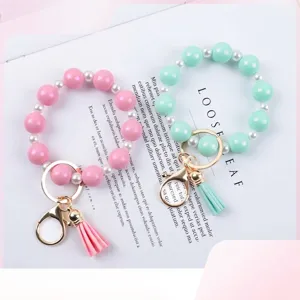 Cute Silicone Artificial Pearl Beaded Keychain Wristlet With Tassel Macaron Color Color Block Anti Lost Keychain Bracelet Charm For Women Key Ring Holder Bag Charm Accessory