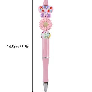 Pink beadable ballpoint pen with butterfly flower charms 14.5cm creative gift pen