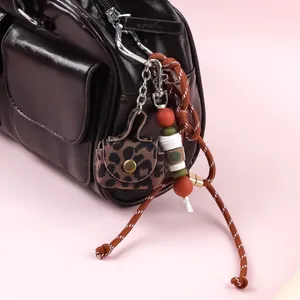 Cute leopard print leather coin purse keychain bag charm with coffee bead braided rope