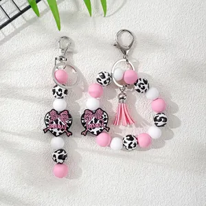 Pulsera de Llavero con Cuentas de Silicona de Moda para Mujer Estampado de Vaca Rosa Corazón de Cuentas Colgante MAMA Borla Brazalete Llavero Titular