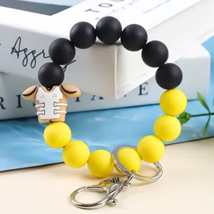 Handmade silicone beaded keychain bracelet with football jersey charm and metal ring