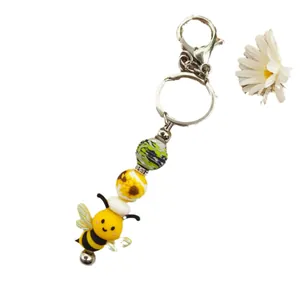 Handmade cute honey bee silicone beaded keychain with sunflower pattern bead charm