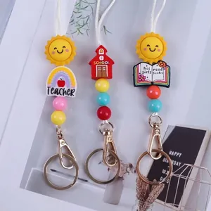 Handmade Cartoon Sun Rainbow Silicone Beaded Keychain For Women Backpack Bag Charm School Book Pattern Key Ring Lanyard Accessory