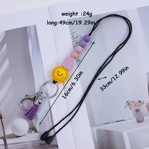 Cartoon sun silicone beaded lanyard keychain with purple tassel and size labels