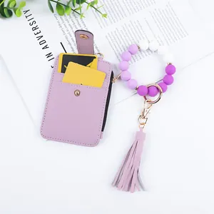 Lavendel Silikonperlen Armband Schlüsselanhänger mit lila PU-Leder Kartenhalter und Quaste