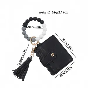 Silicone beaded keychain bracelet with PU leather card holder and tassel for women
