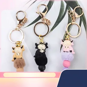 Highland Cow Beaded Keychain Cute Cartoon Silicone Beads Faux Fur Pom Pom Bag Charm For Women Girls Gold Alloy Ring DIY Keyring Gift