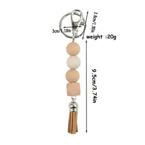 DIY Silicone Beaded Tassel Keychain Octagonal Geometric Bead Bag Pendant Key Ring For Women Bag Accessories Gift