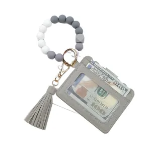 Silicone bead keychain wristlet with leather card holder and tassel for women