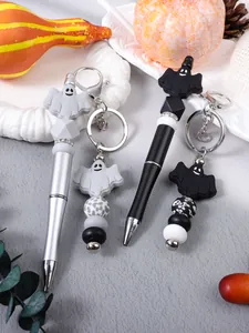 Halloween ghost silicone beaded keychain and ballpoint pen gift set in black and grey