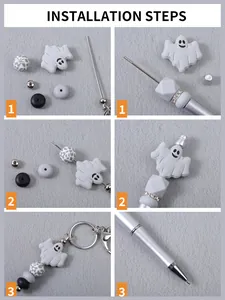 Step-by-step installation guide for DIY Halloween ghost bead keychain and pen set