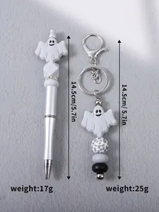 Detail showing Halloween ghost beaded pen and keychain set with dimensions and weight